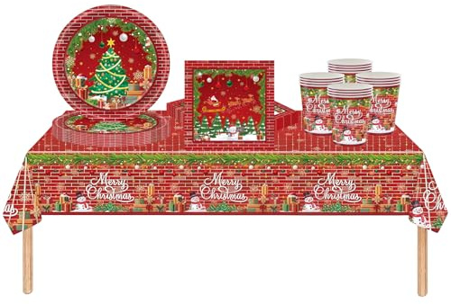 53Pcs Christmas Party Tableware Set for Table Decor,Vintage Christmas 137x274cm Large Plastic Tablecloth Red Vintage Xmas Party Paper Plates Cups Napkins Dinnerware Set for Xmas Favor Tableware