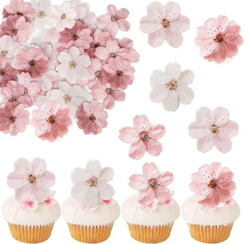 Edible Flowers for Cake Decorations: 50 Pack Cherry Blossom Cupcake Toppers | Food-Grade Wafer Paper Cake Picks for Bridal Shower, Baby Shower & Kids Birthday | Light Pink