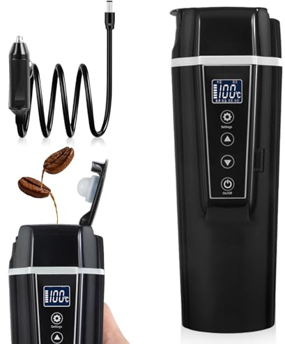 Reise Wasserkocher Auto 12V/24V, 400ml Elektrischer Heizbecher mit Zigarettenanzünder, Tragbare Kaffee Tee Tasse Bis zu 100℃ für Auto LKW Taxi, Temperaturkontrolle