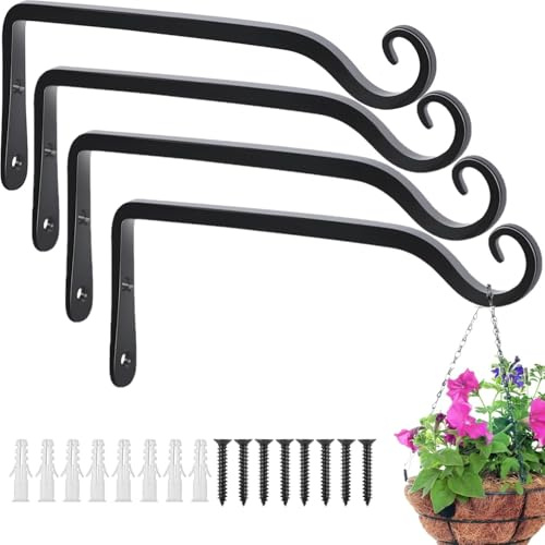 LATERN 4 Pièces Supports pour Panier Suspendu, 25CM x 15CM Solide Crochet Mural en Métal pour Panier Suspendu Extérieur avec Vis pour Mangeoire à Oiseaux, Lanterne, Carillon, Jardinière, Pot de Fleur