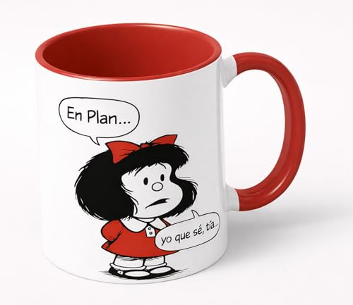 Taza Mafalda de Cerámica 350 ml, Interior y Asa Rojos | Divertida, Frase: En plan… yo qué sé, tía, Apta Microondas y Lavavajillas, Regalo Original