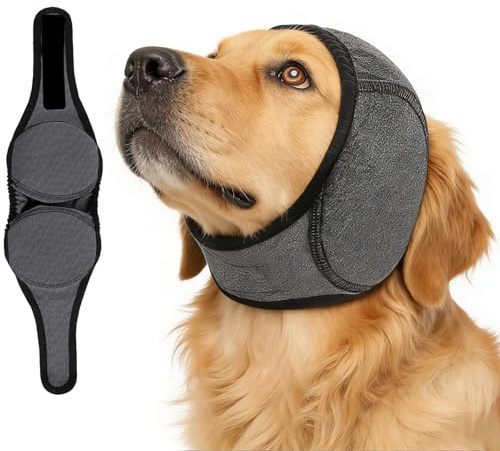 Dog Ear Defenders, Adjustable Waterproof Pet Ear Muffs for Dogs, Quiet Dog Snood Ear Protectors, Hoodie Ears Cover Muffs Plug for Bath Noisy Reduction Grooming Fireworks Thunderstorms (Gray, M)
