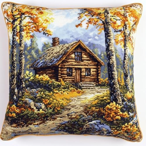WallustrioaW DIY Coussin Point De Croix Kit,Cabane en forêt d'automne,Kits De Points De Croix Imprimés,Broderie Pour Adultes,Taie D'Oreiller Brodé À La Main,45x45cm