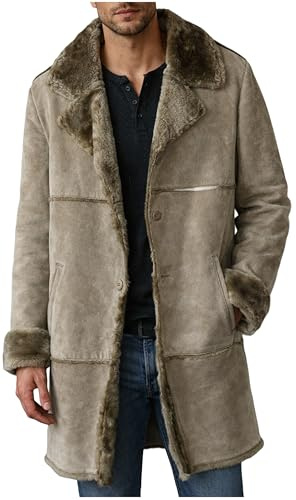 MERCH ATTIRE Herr vintage lång mocka trenchcoat vinter varm klassisk läder ytterrock - skjuvning fuskpäls foder, Beige – fuskmocka kappa, XL