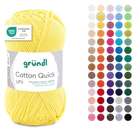 Gründl Laine Cotton Quick uni - laine fine pour crocheter - fil à tricoter – fil à crocheter – brillant et doux pour la peau – 100% coton – 1 pelote 50 g / 125 m – taille d’aiguille 3-4 - jaune