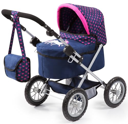 Bayer Design 13054AA Carrozzina per Bambole e Bambolotti, Passeggino per Bambola con borsa, pieghevole, regolabile in altezza blu con unicorno