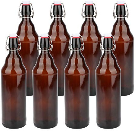COMUDOT Glass Bottles, Refillable Brown Glass Storage Bottle with Swing Top Lids, Amber Iron Clasp Bottles with Stickers&Pen for Home Brewing, Drinks, Sauces, Industrial products, etc (1000ML, 8 PCS)