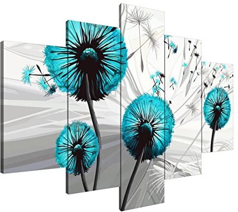 Estika Leinwand bilder - Pusteblume Türkis - 150x105 cm, 5 teilige kunstdruck - Wandbilder wohnzimmer, schlafzimmer, Moderne wanddeko, Bild auf leinwand - Abstrakt blumen bilder - 5031A_5H