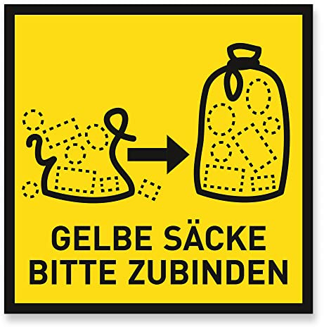Hinweisschild GELBE SÄCKE BITTE ZUBINDEN, Alu-Dibond, 17 x 17 cm | Gelber Sack, Müll, Plastikmüll, Recycling, Made in Germany