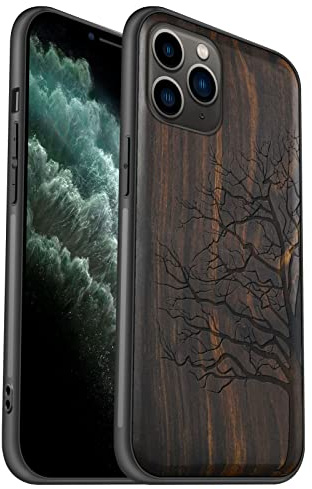 Carveit Coque pour iPhone 11 Pro [Élégant Bois Sombre] [Pare-Chocs en TPU Souple] Coque de téléphone Antichoc Compatible avec 11Pro Coques en Bois (Arbre éternel)