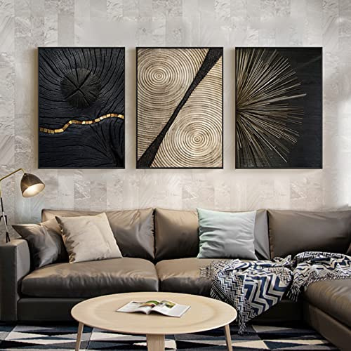 HEHGVCF 3-Teilige Leinwand Linientextur Poster Gold, Schwarz Weiß Jahresringe Bilder Set, Jahresring Linien Wandkunst, Ohne Rahmen (A++B+C, 60 x 90cm)
