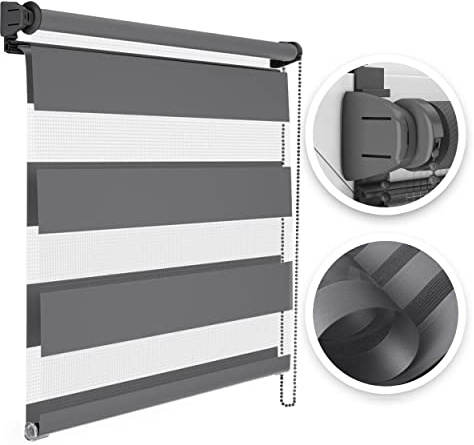 Estika Doppelrollo Montage ohne Bohren - Stoffbreite: 115 cm, Höhe: 150 cm, Farbe: Grau - Tag und Nacht Duo Rollo