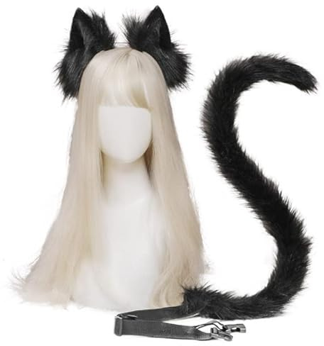 JIAHG Halloween Kostüme Plüsch Katzenohren katzenschwanz Cosplay Set katzenschwanz und Ohren Katzenohren Ohren Haarspange Headwear Damen Halloween Fasching Karneval Cosplay Frauen