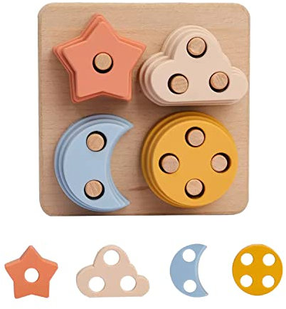 Montessori Steckpuzzle für Baby & Kinder ab 1 Jahr Natur-Holz mit Himmels-Motiven - Holz-Spielzeug als pädagogisches Geschenk - Jungs & Mädchen Kinderspielzeug Holz-Puzzle - Steckspiel BPA-frei