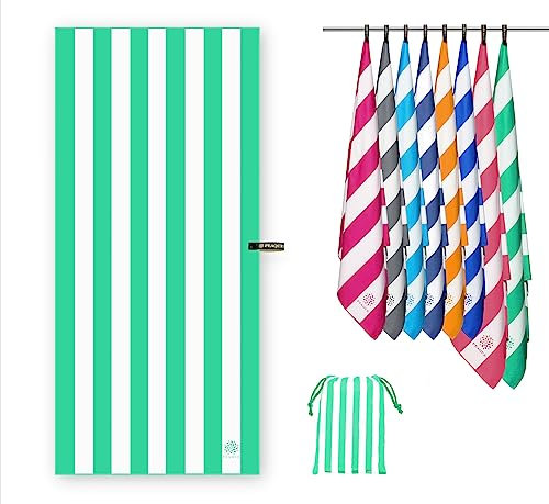 PEAQUE Mikrofaser-Handtuch mit Tasche - 90x200 cm - gestreiftes Badetuch, Reisehandtuch, Microfaser Handtücher, leicht, schnelltrocknend, dünn - Grün/Weiß