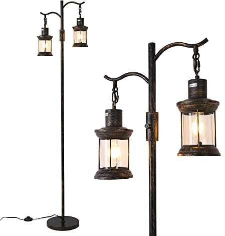 Asmymhd Vintage Dimmable Floor Lamp,2 Classical Lanterns Standing Lamp, Rustic Farmhouse Floor Lamp with Bronze Gold Finish, for Living Room Bedroom (Bronze)