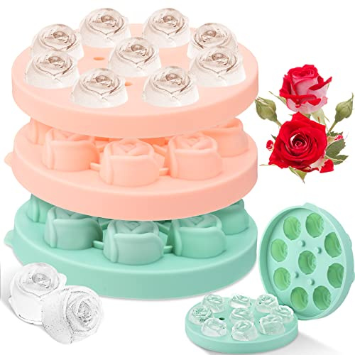 Hsei 2 Pieces 3D Rose Ice Mold 1.4 Inch Silicone Flower Ice Cube Trays Rose Silicone Mold for Freezer Whiskey Wine Cocktails Juice Bourbon Mimosas, Dishwasher Safe, Pink, Green