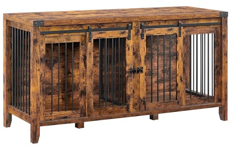 Feandrea Large Dog Crate Furniture, Heavy-Duty Dog Cage for 1 Large Dog or 2 Medium Dogs, with Divider, Sliding Doors, TV Stand, Rustic Brown PFC301X01