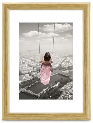 Hama Bilderrahmen Swing, 30x40cm (mit Passepartout Bildformat 20x28 cm, moderner Kunststoffrahmen, für Hochformat, für Querformat, zum Hängen, Reflex Glas, Holzoptik) Natur