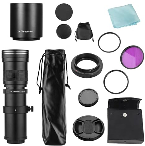 Objectif zoom téléobjectif HUIOP MF super téléobjectif objectif F / 8.3-16 420-800 mm monture T + jeu de filtres UV/CPL/FLD + objectif téléconvertisseur 2 x 420-800 mm + anneau adaptateur T2- Reempl