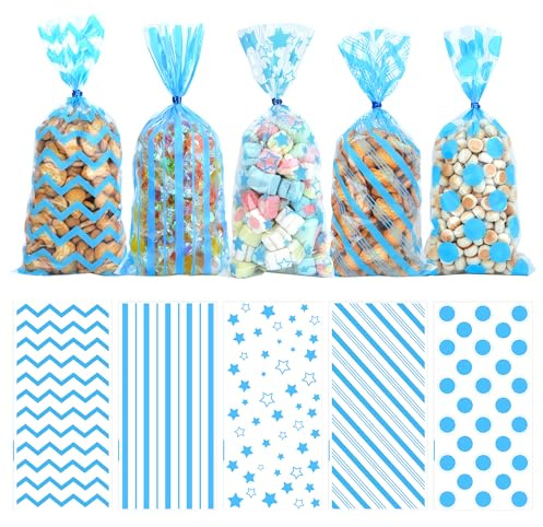 Sachet Bonbon Plastique Transparent Anniversaire, Biscuit Bleu 100 Pcs