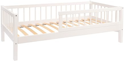 Alije Kinderbett Bett mit Rausfallschutz 60x120 Weiß NINA Lattenrost Bettgestell aus Kiefer Holz für Haus Kinder Jungen & Mädchen - Holzbett Baby Kinderzimmer Junge Deko