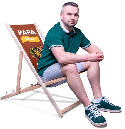 DreamRoots Vatertagsgeschenk personalisiert, Liegestuhl Holz klappbar, Papa | Sonnenliege klappbar Holz, Geschenk für Papa, mit Spruch, bis 130 kg, verstellbar, waschbarer Bezug, für Garten