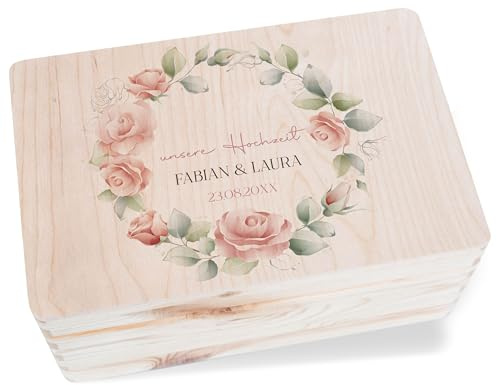 Holzkiste Erinnerungsbox - Erinnerungskiste Unsere Hochzeit mit Rosen Blumenkranz personalisiert | Geldgeschenk Hochzeitskiste Brautpaar Erinnerungen - 30x20x14 cm - Holz