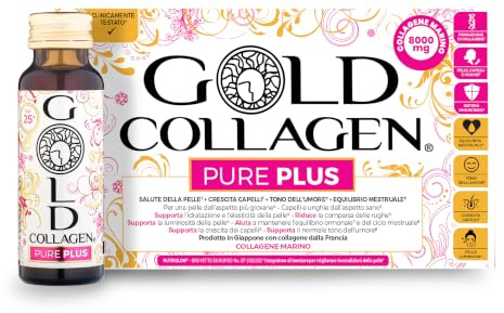 GOLD COLLAGEN New Pure Plus - Collagene Integratore con Biotina Crescita Capelli Pelle Unghie, Equilibrio Ormoni e Sistema Immunitario, Vitamina C, 8g Collagene Marino, Acido Ialuronico 1 Pack 10x50ml