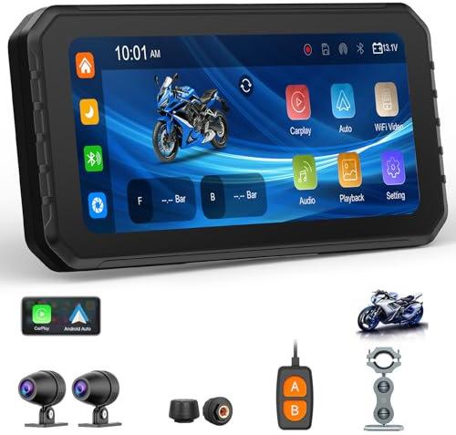 Spedal CL873 Motorcycle CarPlay Screen, 6.25 CarPlay & Android Auto Dual 1080P Dash Cam Loop Recording, TPMS, BT5.0, IP67 Waterproof, Remote Control,Auto Brightness Car Stereo for Motorbike GPS Nav