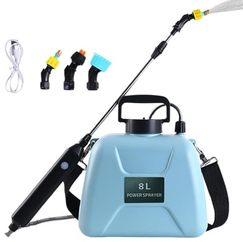 Pulverizador eléctrico – Pulverizador de presión de Agua Alimentado por batería de 8 litros | Pulverizador eléctrico Mejorado con 3 boquillas de Niebla | Mango Recargable por USB y retráctil