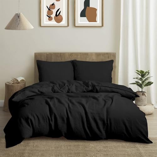 CHUFFED Leinen Bettwäsche 220x240 3-teilig Bettwäsche-Set 100% Naturleinen 1 Bettbezug 220x240 cm + 2 Kissenbezüge 80x80 cm mit Reißverschluss, Weich Atmungsaktiv, Schwarz