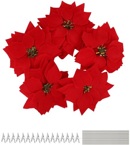 16 Pièces 22CM Fleurs de Noël Poinsettia,Fleurs de Noël Artificielles avec 16 Pcs de Clips pour Noël,Fleurs Artificielles Noel pour Les Vacances, Centre de Table à Manger,fête d'anniversaire(Rouge)