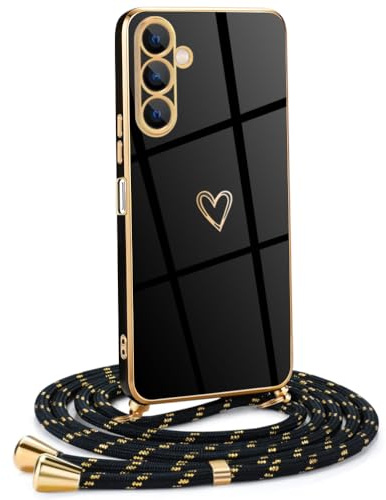 Mkej Frauen Mädchen Handykette Kompatibel mit Samsung Galaxy A16 5G - Silikon Hülle mit Band - Handyhülle für Samsung Galaxy A16 5G Herz Love Design Galvanik - Hülle mit Kordel in schwarzes Gold