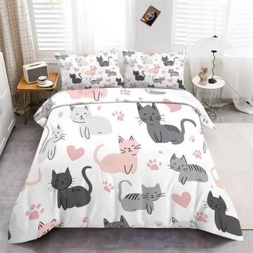 Copripiumino Fumetto Animali Gatto Cuore Colorato, 3 Pezzi Set Di Biancheria Da Letto Di Facile Manutenzione Con 2 Federe, Morbido Copripiumino Stampata Con Cerniera Nascosta 260 cm x 220 cm