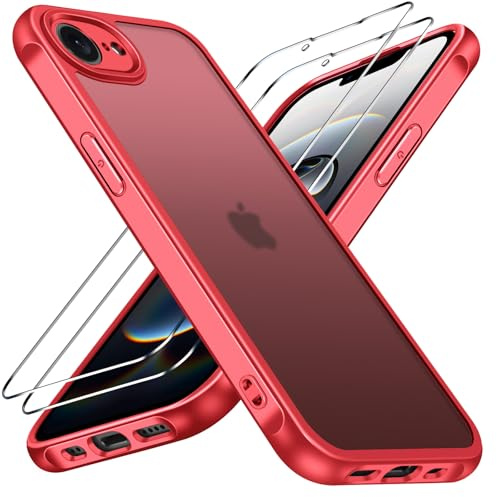ivoler 3 in 1 Case for iPhone 17e/16e 2025 with 2 Pieces Tempered Glass Screen Protectors, Military Standard Shockproof Cell Phone Case, Matte Translucent Anti-Fingerprint Protective Case, Red