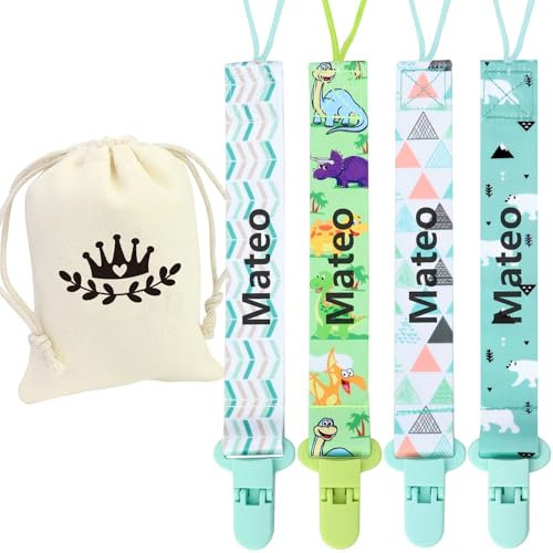 5er-Pack Schnullerkette Aus, Personalisierte Schnullerkette Mädchen und Mit Namen Junge, Geeignet für Baby, personalisiertem Hält Schnuller Sauber, Hohe Robustheit, Mandel Grün Blau (Green)