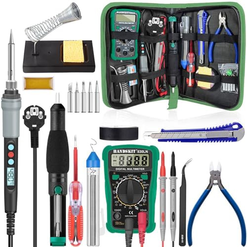 HANDSKIT Soldador de estaño 90W Kit 19 en 1 Soldadores Profesional con Temperatura Ajustable 180℃-480℃,Soldador Estaño con multímetro digital,5 puntas de soldador,Para El Uso Diversamente Reparado