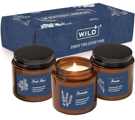 3 Pack Scented Candles Gift Set, WILD+ Soy Wax Candles of Lavender, Fresh Rose, Freesia, Perfect Aromatherapy Candle Gifts for Women, Yoga, Birthday, Weddings, Mother's Day, Christmas