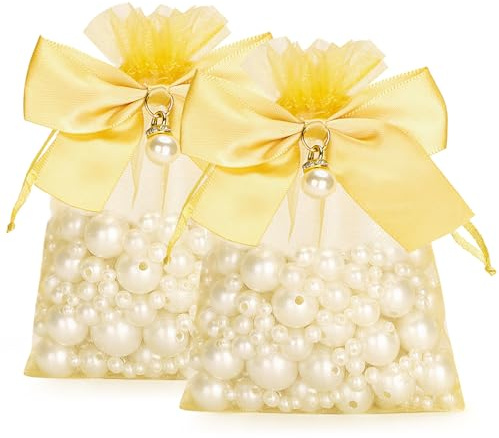 jijAcraft Gold Organzasäckchen mit Schleifen Perle: 10 × 12cm Geschenk Organzabeutel 30 Stück Organza Schmuckbeutel mit Kordelzug für Süßigkeiten, Geschenk