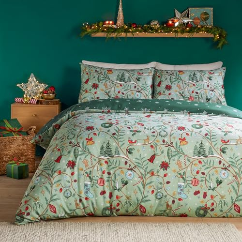 furn. Duvet Day Noelle Duvet Cover Set (Green - King) | Soft Touch Reversible Festive Seasonal Holiday Christmas Tree Easycare Bedding