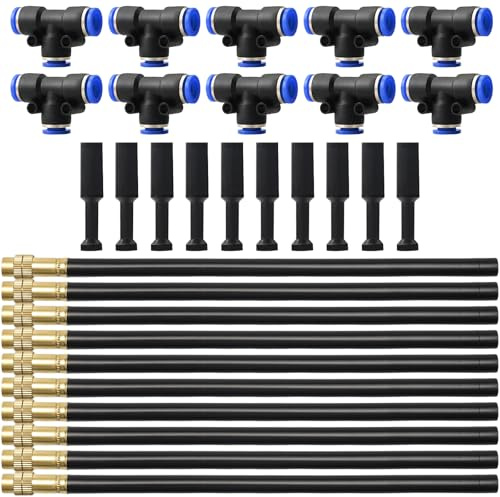 Juego de 10 Boquillas de Riego de 8 mm – Nebulizadoras Ajustables de 20 cm con 10 Conectores Tipo T y 10 Tapones de Estrangulación, para Riego en Invernaderos, Jardines y Césped