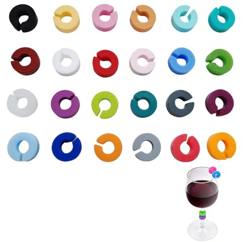 24 Stück Glasmarkierer Silikon,Glas Markierung Trinkgläser für Weinglas,Gläser Markieren,Wiederverwendbare Glasmarker Silikon zur Kennzeichnung für Party,Event und Familienfeier,Bunte Glass Marker