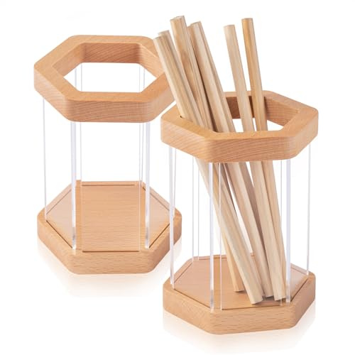 Hotyin 2 Pièces Pot à Crayon, Hexagonal Porte Stylo de Bureau en Acrylique, Pot a Crayon en Bois, Rangement Pinceaux Maquillage, Organisateur de Bureau