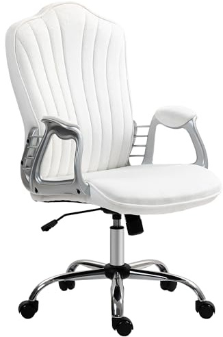 HOMCOM Silla de Oficina Silla de Escritorio Giratoria con Altura Ajustable Reposabrazos Respaldo Curvado Función de Basculante Blanco