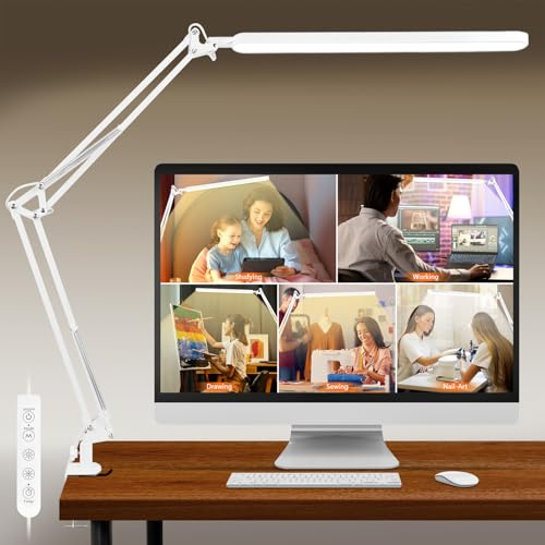 BIENSER New LED Desk Lamp with Clamp, 11 Brightness Levels, 5 Color Modes, 45min Auto Timer, Bigger Swing Arm, Larger Lampshade with 112 LEDs & Brighter Lighting, Eye-Caring Desk Light for Home Office