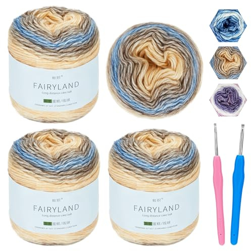 Bafeil Ombre Yarn for Crochet, Knitting Wool - 4x100g Gradient Yarn 60% Cotton 30% Acrylic 10% Wool with 2 Hooks, DK Cake Yarns for Crochet Baby Blankets, Scarf, Hat, Shawls and DIY Crafts
