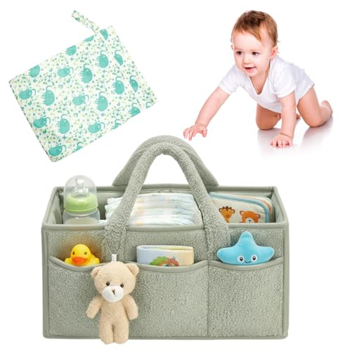 Zimoer Set Organizador de Pañales y Bolsa Impermeable, Cesta de Cambio Bebe Portátil con Divisores Desmontables, Esenciales para Recién Nacidos, Gran Capacidad para Viajes y Almacenamiento (Verde)