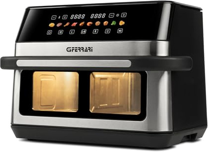 G3 Ferrari G10223 Heißluftfritteuse Friggisano 6+6, 2200 Watt, 12 Liter, 10 Programme, Farbdisplay, Innenbeleuchtung, inkl. Rezeptbuch