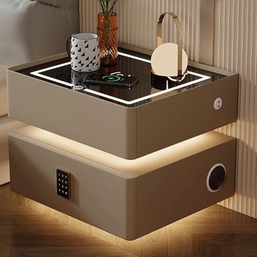 GUQASDV Smart Nachttisch mit LED Beleuchtung, kabelloses Laden und Passwortsperre, moderner schwebender Nachttisch mit Bluetooth-Lautsprechern, intelligenter Nachttisch(Khaki,50cm/19.6in)